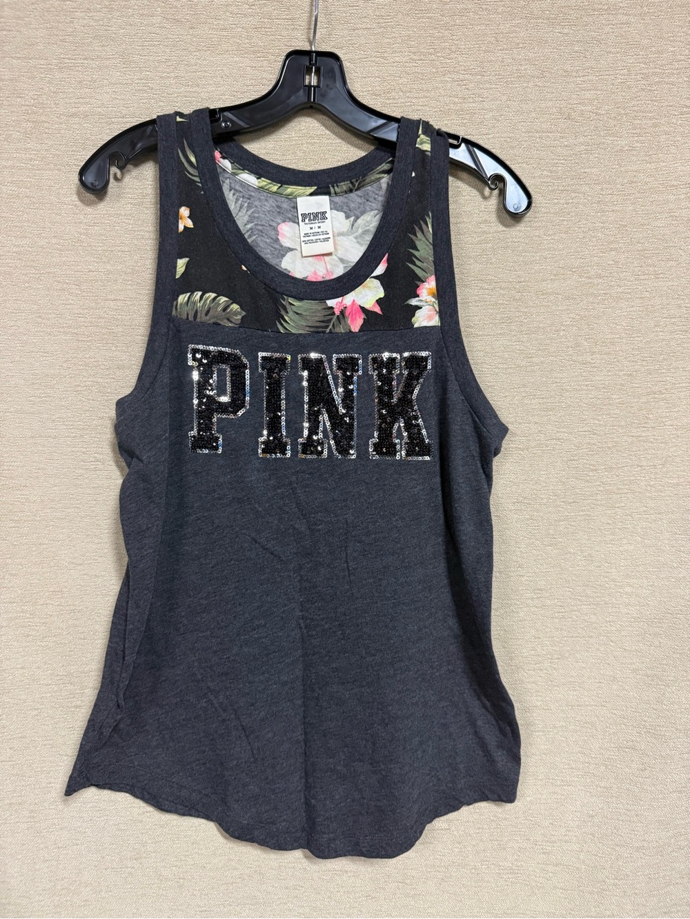 PINK Victoria's Secret Dark Charcoal Tank with Floral Trim and Sequin Logo
